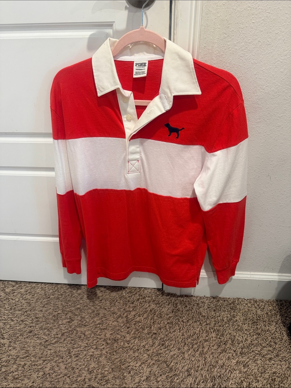 PINK Victoria's Secret Red & White Striped Rugby Top with Dog Logo